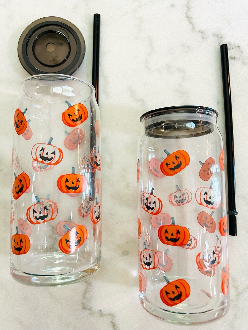 2 Piece Set Glass 20oz Can Sipper Halloween Pumpkin Glass Tumblers NEW in Box